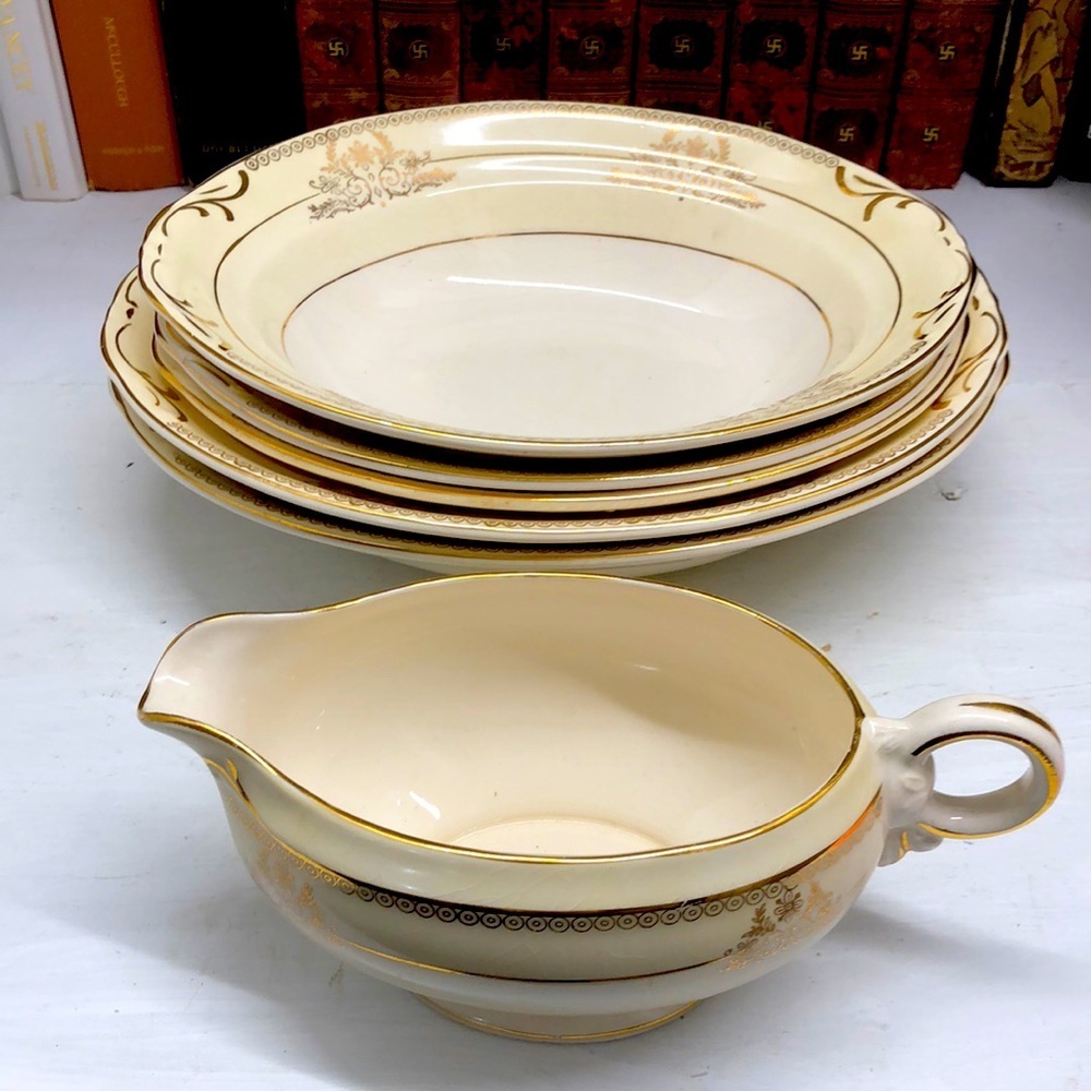 O615 Vintage Crowing Potteries 6 Pc Serving Set with Golden Accents